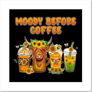 Funny Moody Before Coffee Quote Western Cow Cool Coffee Posters and Art